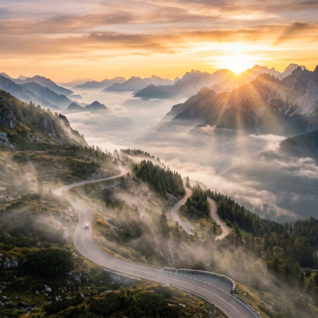 Winding mountain road with a car driving through fog-filled valleys during sunrise